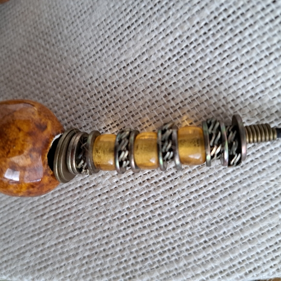 Amber Earth Tone Artisan Beaded Necklace Ceramic Metal Glass on Cord 17 in - Picture 4 of 5